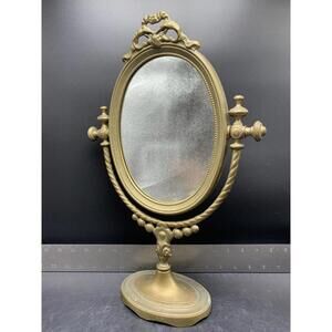Antique Ornate 15" Solid Brass Ornate Oval Vanity Table Top Stand Pivots Vintage